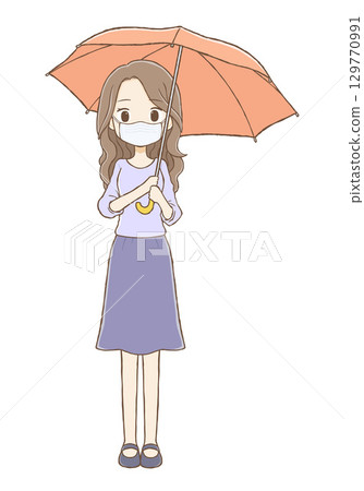 A woman with long wavy hair wearing a mask and holding an umbrella (full body) A woman with long wavy hair wearing a mask and holding an umbrella (full body) 129770991