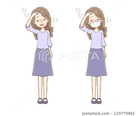 Woman with fever (long wavy hair) whole body 129770992