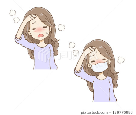 Woman with fever (long wavy hair) upper body 129770993