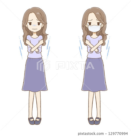 A woman with long wavy hair shivering in the cold (full body) with or without a mask 129770994