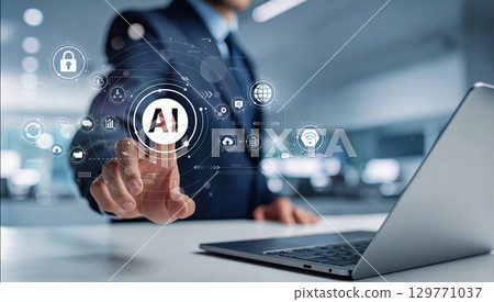 一位商人用手指觸摸觸控螢幕的姿勢，這是使用生成式人工智慧的數位化工作流程 129771037