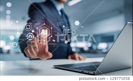 A businessman's pose touching a touch panel with his finger, a digital workflow using generative AI 129771038