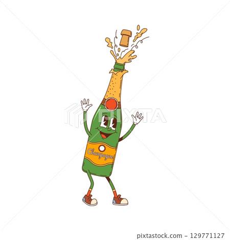 Retro sparking wine drink hippie groovy character. Bar alcohol luxury drink or alcohol beverage funky vector personage. Anniversary party sparkling wine bottle with bursting cork groovy character 129771127