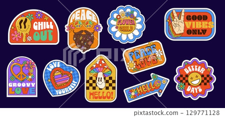 Cartoon hippie groovy label stickers with funny smiles and flowers, vector set. Groovy stickers with trippy smiles and peace sign sunglasses, psychedelic mushrooms, love hearts and good vibes labels 129771128