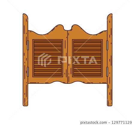 Wild west groovy saloon gate, retro wooden swinging batwing door with hinges. Vector vintage frontier element for cowboy bar or old western town architecture. Isolated closed entry or exit doorway 129771129