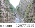 The clear stream of Kiyotsu Gorge, huge rock walls, and cliffs with columnar joints 129771315