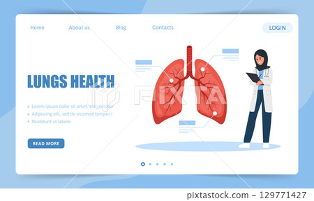 Lungs health. Landing page template. Arab Female doctor examination Respiratory system disease. Vector illustration in flat cartoon style 129771427