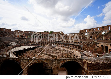 View of the interior of the Roman Colosseum, a World Heritage Site, and the ancient ruins View of the interior of the Roman Colosseum, a World Heritage Site, and the ancient ruins 129771502