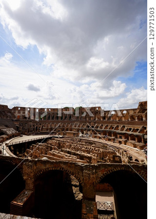 View of the interior of the Roman Colosseum, a World Heritage Site, and the ancient ruins 129771503