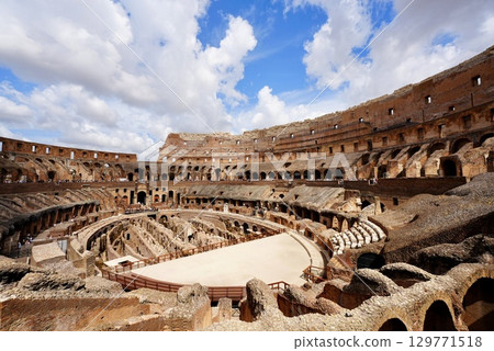 View of the interior of the Roman Colosseum, a World Heritage Site, and the ancient ruins View of the interior of the Roman Colosseum, a World Heritage Site, and the ancient ruins 129771518