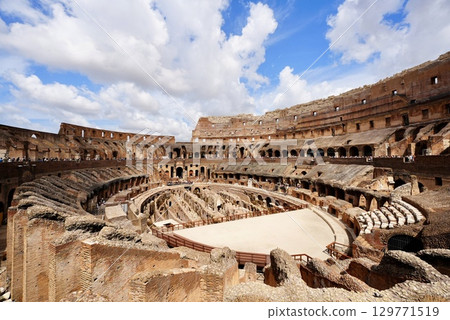 View of the interior of the Roman Colosseum, a World Heritage Site, and the ancient ruins 129771519
