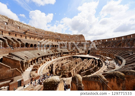 View of the interior of the Roman Colosseum, a World Heritage Site, and the ancient ruins 129771533
