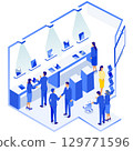 Futuristic product exhibition booth isometric illustration 129771596