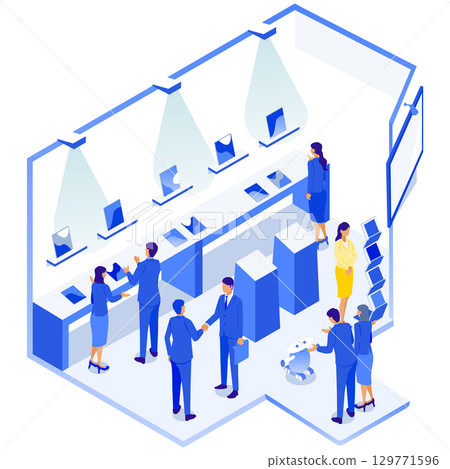 Futuristic product exhibition booth isometric illustration 129771596