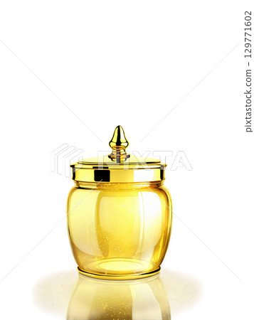 Luxurious golden glass jar with a luxurious design, set against a backdrop of shiny gold and soft lighting 129771602
