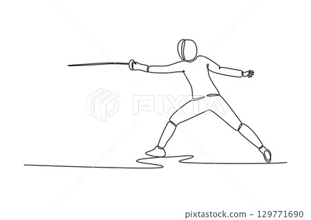 One line drawing professional fencer in a powerful wide stance with an extended foil. Symbolizing aggressive strategy, speed, and skill. Modern continuous line draw design graphic vector illustration 129771690