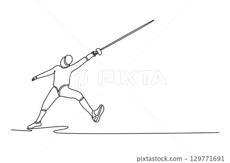 Continuous line drawing professional fencer mid-lunge in a powerful attack. Symbolizing dynamic action, sports, precision, and aggressive strategy. Single line draw design vector graphic illustration 129771691
