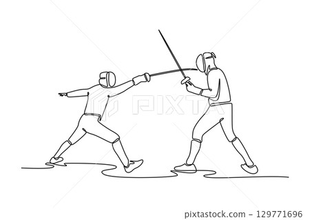 Single line drawing two fencers are in tense standoff with their foils. Symbolizing strategic combat, discipline, and the thrill of competition. Continuous line draw design graphic vector illustration Single line drawing two fencers are in tense standoff with their foils. Symbolizing strategic combat, discipline, and the thrill of competition. Continuous line draw design graphic vector illustration 129771696
