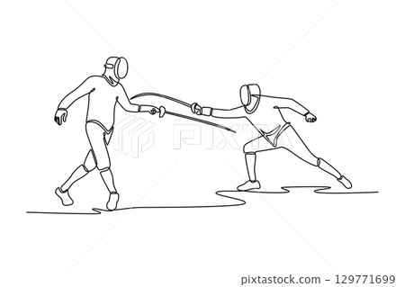 Single line drawing of features duel between two fencers, representing strategic challenge and the elegant balance of attack and defense. Modern continuous line draw design graphic vector illustration 129771699