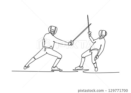 Single line drawing two fencers in a dynamic lunge and retreat. Symbolizing the strategic agility and the elegance of competitive sports. Modern continuous line draw design graphic vector illustration Single line drawing two fencers in a dynamic lunge and retreat. Symbolizing the strategic agility and the elegance of competitive sports. Modern continuous line draw design graphic vector illustration 129771700