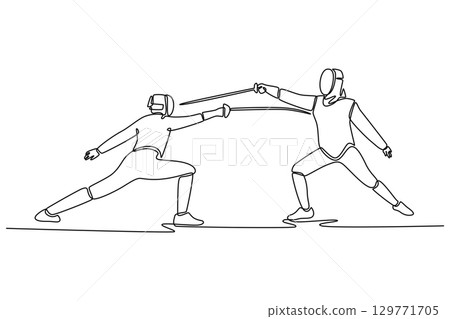 Continuous line drawing two fencers are engaged in a sword clash. Symbolizing the strategic balance of attack, defense, sport, and competition. Dynamic one line draw graphic design vector illustration Continuous line drawing two fencers are engaged in a sword clash. Symbolizing the strategic balance of attack, defense, sport, and competition. Dynamic one line draw graphic design vector illustration 129771705