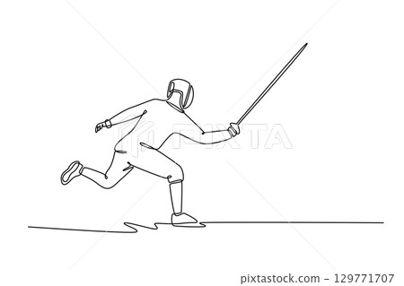 Single one line drawing attractive fencer is running forward with foil. Symbolizing speed, forward motion, and the start of quick attack. Modern continuous line draw design graphic vector illustration 129771707