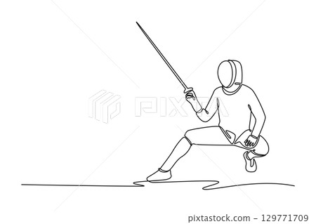 One line drawing attractive fencer doing mid-lunge with foil. Symbolizing the skill, action, speed, and precision required in the sport. Modern continuous line draw design graphic vector illustration 129771709