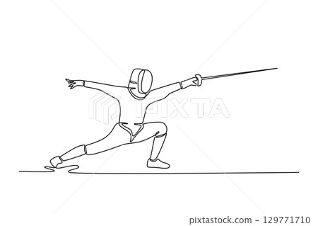 Continuous line drawing of professional fencer at full extension in lunge attack. Symbolizing power, precision, aggressive action. Fencing competition. One line draw graphic design vector illustration Continuous line drawing of professional fencer at full extension in lunge attack. Symbolizing power, precision, aggressive action. Fencing competition. One line draw graphic design vector illustration 129771710