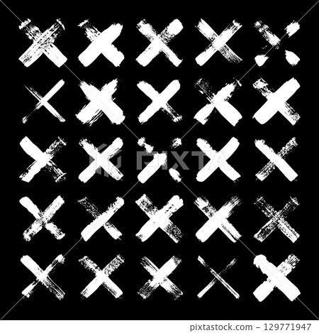 Grunge crosses, brush strokes, x mark, lines, ink smudges, hand-drawn scribble shapes. Handmade sketchy marks, acrylic stains, charcoal streaks. Paint textures, dry brush effect. Vector illustration Grunge crosses, brush strokes, x mark, lines, ink smudges, hand-drawn scribble shapes. Handmade sketchy marks, acrylic stains, charcoal streaks. Paint textures, dry brush effect. Vector illustration 129771947