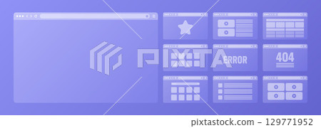 Web browser window, transparent pages layout with toolbar and search field. Modern website, internet page. Browser mockup for computer, tablet and smartphone. Adaptive UI. Vector illustration 129771952