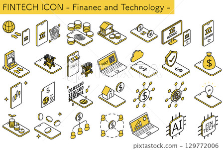 Fintech icons, finance and technology isometric illustration icon set Fintech icons, finance and technology isometric illustration icon set 129772006
