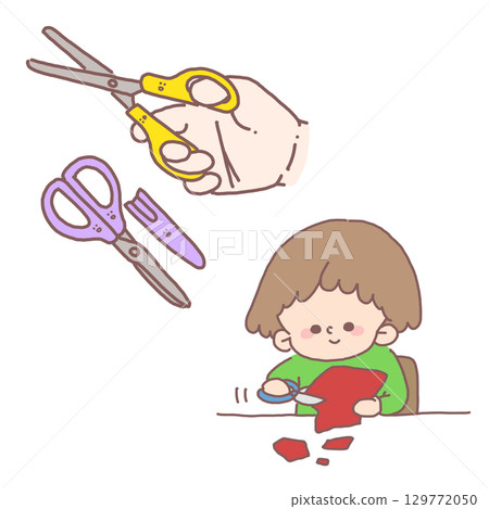 孩子熟練地用剪刀剪建築紙的插圖 129772050