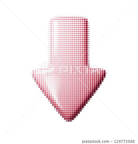Vector illustration of a red downward arrow with halftone texture. Abstract dotted design element for navigation, direction, or decoration. Isolated on white background. 129772088