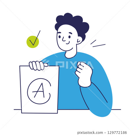Vector illustration of happy student holding paper or notebook with grade A. School boy or university student shows excellent result, celebrating success and achievement in education 129772186