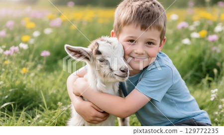 Smiling boy hugging young goat in sunny meadow with flowers and green grass. Childhood and nature friendship. 129772235