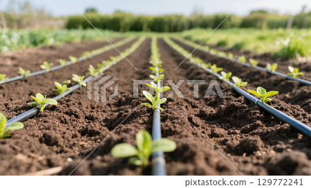 Young green seedlings growing in neat rows with drip irrigation system on a sunny farm field, representing modern agriculture 129772241