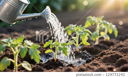 Young green tomato plants being watered with a metal watering can on a sunlit garden bed during early growth phase 129772242