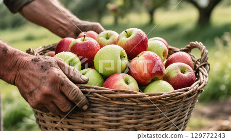 Farmer holding a wicker basket full of freshly harvested red and green apples covered with dew in an orchard on a sunny day 129772243
