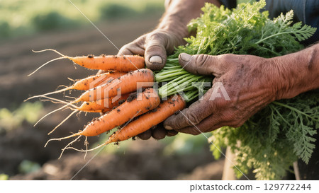 Farmer holding freshly harvested carrots with green tops and soil traces in hands, standing in a sunlit vegetable field 129772244