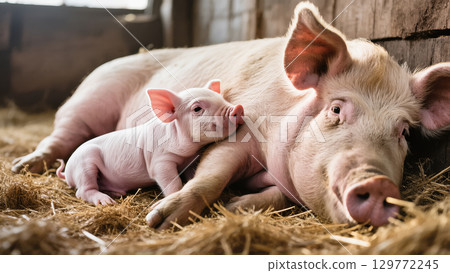 Mother pig resting on hay with a baby piglet snuggling close in a cozy barn environment lit by warm natural light 129772245