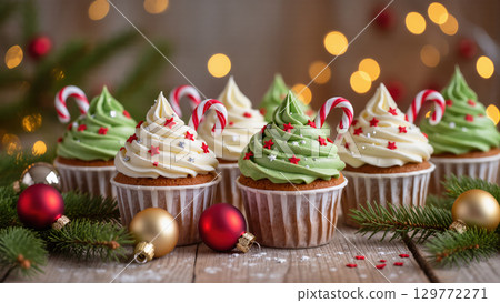 Christmas cupcakes with colorful cream, candy canes, and star sprinkles on wooden table with festive ornaments and lights. 129772271