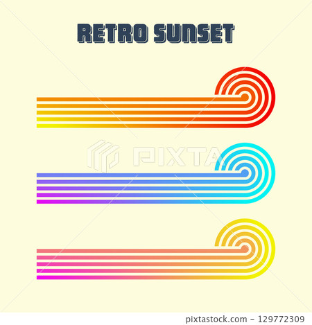 Vintage colorful sunset. Various gradient striped sunrise badges in 80s and 90s style. Sun and ocean view, summer vibes, surfing. Design element for print, logo or t-shirt. Vector illustration 129772309