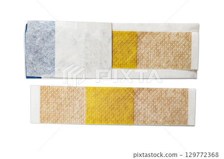 Closeup view of white sticking plaster or adhesive bandage isolated over white background. Concept of first aid kit stuff 129772368