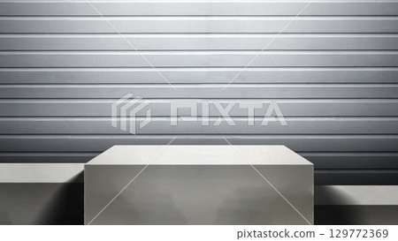 Minimalist stage or podium display with a striped pattern wall background. Product presentation, mockup, copy space, and template 129772369