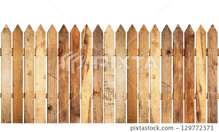 Closeup view of a weathered wooden garden fence panel isolated over a white background. Copy space or template 129772371