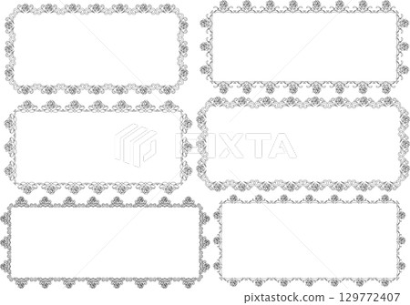 復古書法風格框架材質163<裝飾邊框，裝飾框，花朵，玫瑰，單色線條畫，水平位置> 129772407