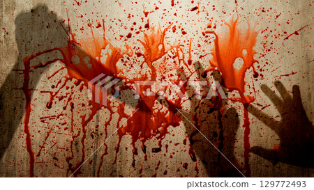 Shadow of a zombie hand holding a knife and swinging at the man with blood splashing on the wall background. Creating a tense and scary scene. Concept of Spooky Halloween Shadow of a zombie hand holding a knife and swinging at the man with blood splashing on the wall background. Creating a tense and scary scene. Concept of Spooky Halloween 129772493