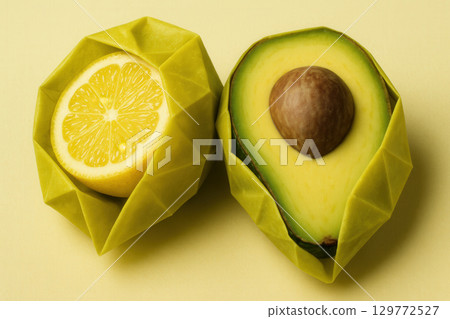 Beeswax Wrap Geometry With Lemon And Avocado On Pastel Yellow 129772527