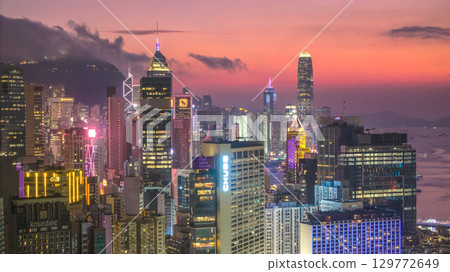 Aug 8 2025 Central Hong Kong skyline glowing at twilight 129772649