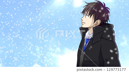 雪花輕輕飄落，動漫風格的高中或國中男孩插圖，左側留白 129773177